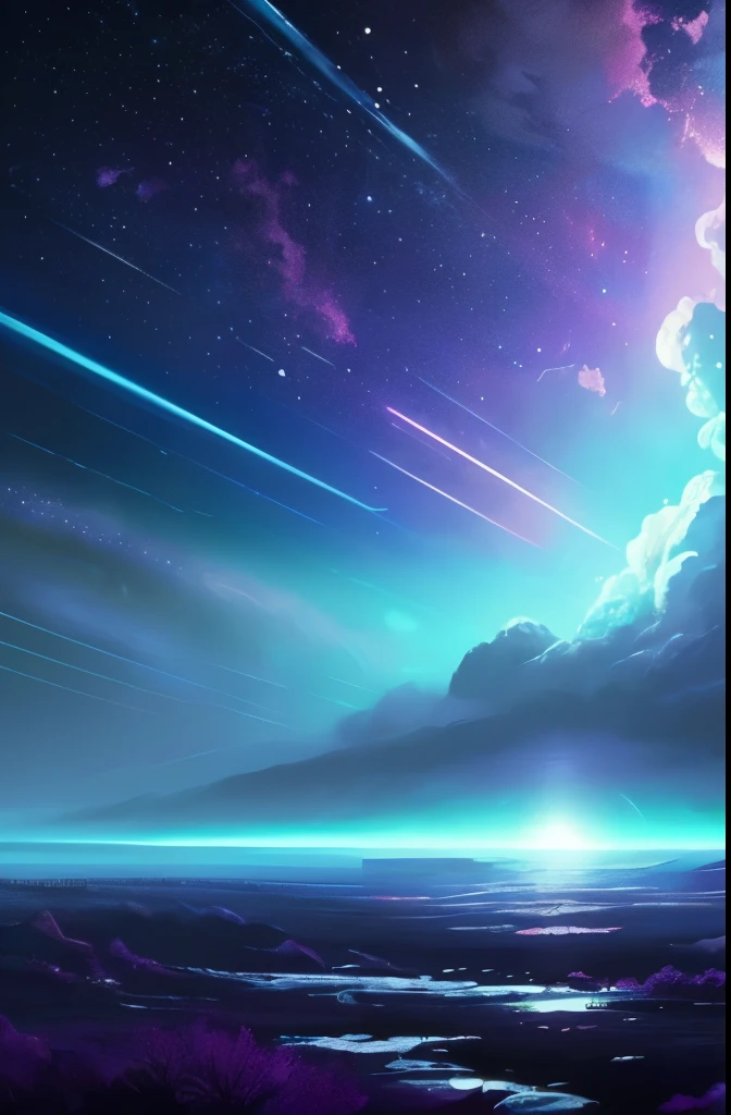 a painting of a night sky with clouds and stars, concept art by Christopher Balaskas, trending on cgsociety, space art, nebula clouds, nebula sky, space clouds, beautiful night sky, dramatic nebula sky, cosmic sky, interstellar stormy bright sky, dramatic night sky, night clouds, cosmic skies, epic clouds and lighting, atmospheric fantasy sky, purple nebula