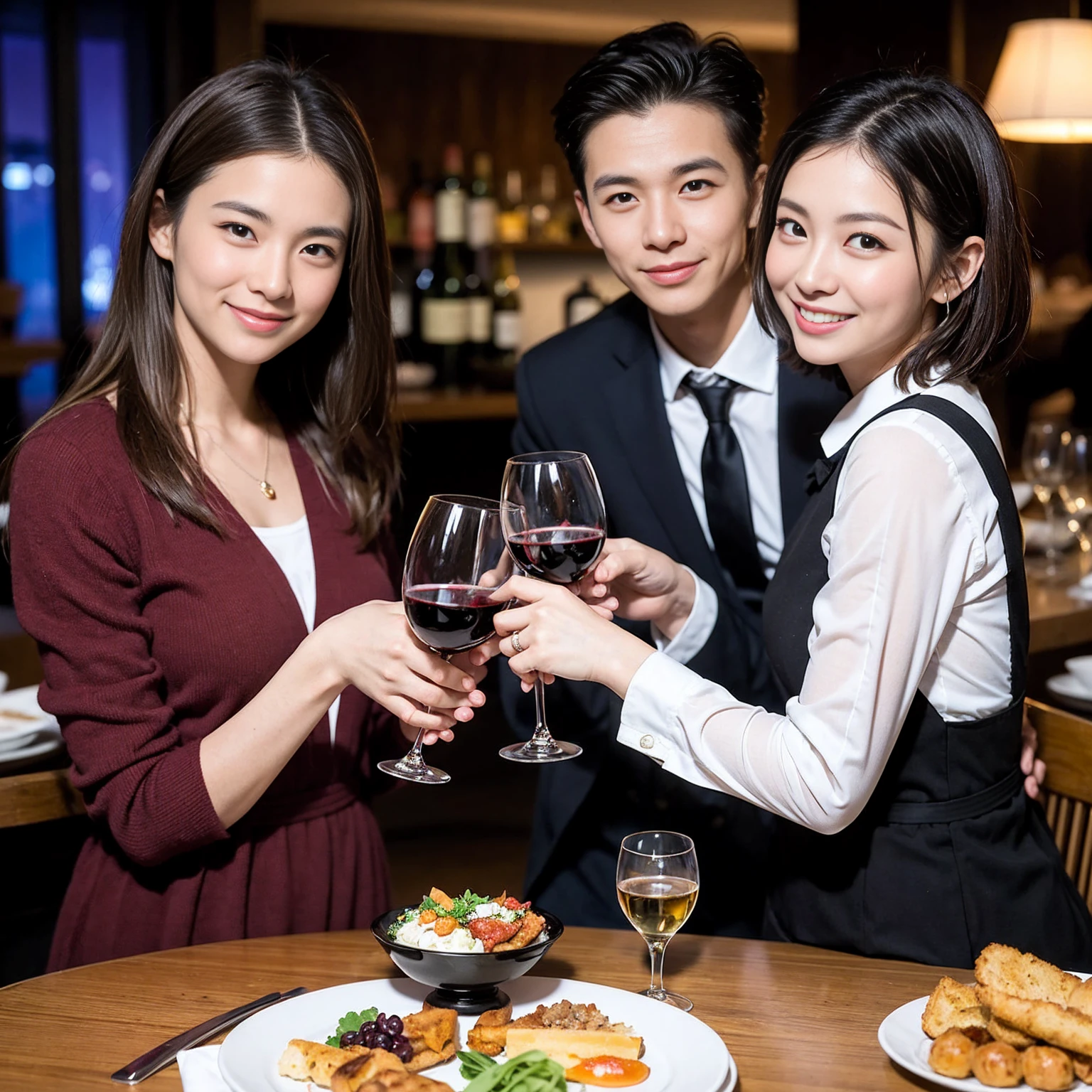 ((Highest quality、8k、masterpiece:1.3))、 (Genuineistic, Genuine、Bright image、Intricate details:1.2), 最高のsmile 男性1人 女性1人、Beautiful Couple、Lovers、Relatives and friends、spouse、actresodel couple、smile、A full-course dinner with a full table、 (Slim face), (the body is slim), (Brown Hair), (short hair), テーブルのwine glass、Please shine a light on my face、 Amazing view of the sunset sky and clouds、 (Age 33)38 years old, red wine 、Appetizers、Wine bottle、sparkling wine、Long sleeve shirt、dress、White wine, red wine, wine glass,