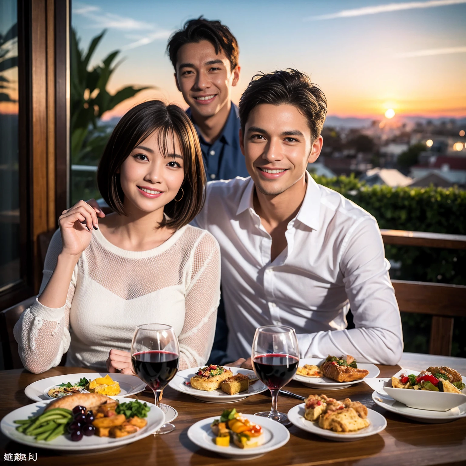 ((Highest quality、8k、masterpiece:1.3))、 (Genuineistic, Genuine、Bright image、Intricate details:1.2), 最高のsmile 男性1人 女性1人、Beautiful Couple、Lovers、Relatives and friends、spouse、actresodel couple、smile、A full-course dinner with a full table、 (Slim face), (the body is slim), (Brown Hair), (short hair), テーブルのwine glass、Please shine a light on my face、 Amazing view of the sunset sky and clouds、 (Age 33)38 years old, red wine 、Appetizers、Wine bottle、sparkling wine、Long sleeve shirt、dress、White wine, red wine, wine glass,