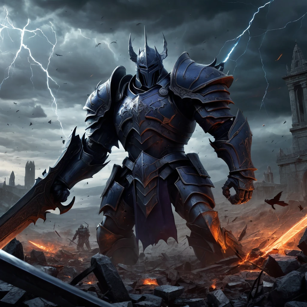 Create an incredibly intense and visually stunning image titled "Archaic Dark Fantasy Battle." Imagine a grand, ancient battlefield set in a dark, mythical world. The scene is filled with fierce warriors, both human and monstrous, locked in an epic clash amidst ruins of a long-forgotten civilization.
In the foreground, a powerful knight clad in ornate, battle-worn armor is engaged in combat with a towering, grotesque beast. The knight wields a glowing, enchanted sword that emits a faint blue light, cutting through the darkness. The beast, with its twisted, demonic features and sharp claws, roars in defiance.
Surrounding them, the battlefield is littered with fallen warriors and shattered weapons, adding to the sense of chaos and destruction. The ground is a mix of muddy terrain and ancient stone, with mystical runes and sigils faintly glowing, hinting at forgotten magic.
The sky above is stormy and ominous, with dark clouds swirling and occasional flashes of lightning illuminating the scene. In the background, remnants of colossal statues and crumbling temples loom, adding a sense of history and grandeur to the battlefield.
The color palette should be dark and moody, with deep blues, blacks, and purples contrasted by the fiery reds and oranges of the battle and the ethereal glow of magical elements. Use detailed, dynamic lines to capture the intensity and movement of the battle.
The entire image should evoke a sense of epic struggle, dark magic, and the timeless conflict between good and evil, creating a truly captivating and unique masterpiece in the archaic dark fantasy genre.