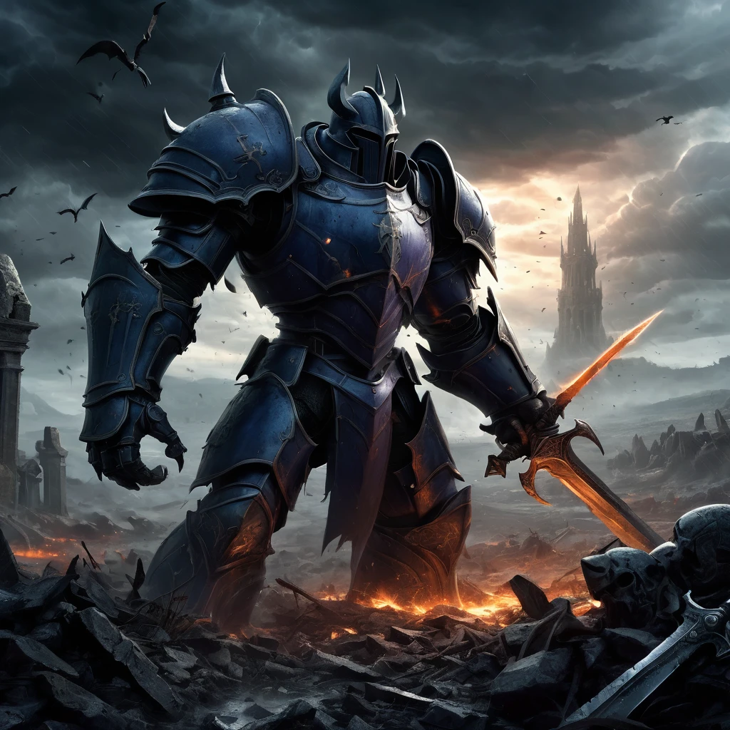 Create an incredibly intense and visually stunning image titled "Archaic Dark Fantasy Battle." Imagine a grand, ancient battlefield set in a dark, mythical world. The scene is filled with fierce warriors, both human and monstrous, locked in an epic clash amidst ruins of a long-forgotten civilization.

In the foreground, a powerful knight clad in ornate, battle-worn armor is engaged in combat with a towering, grotesque beast. The knight wields a glowing, enchanted sword that emits a faint blue light, cutting through the darkness. The beast, with its twisted, demonic features and sharp claws, roars in defiance.

Surrounding them, the battlefield is littered with fallen warriors and shattered weapons, adding to the sense of chaos and destruction. The ground is a mix of muddy terrain and ancient stone, with mystical runes and sigils faintly glowing, hinting at forgotten magic.

The sky above is stormy and ominous, with dark clouds swirling and occasional flashes of lightning illuminating the scene. In the background, remnants of colossal statues and crumbling temples loom, adding a sense of history and grandeur to the battlefield.

The color palette should be dark and moody, with deep blues, blacks, and purples contrasted by the fiery reds and oranges of the battle and the ethereal glow of magical elements. Use detailed, dynamic lines to capture the intensity and movement of the battle.

The entire image should evoke a sense of epic struggle, dark magic, and the timeless conflict between good and evil, creating a truly captivating and unique masterpiece in the archaic dark fantasy genre.