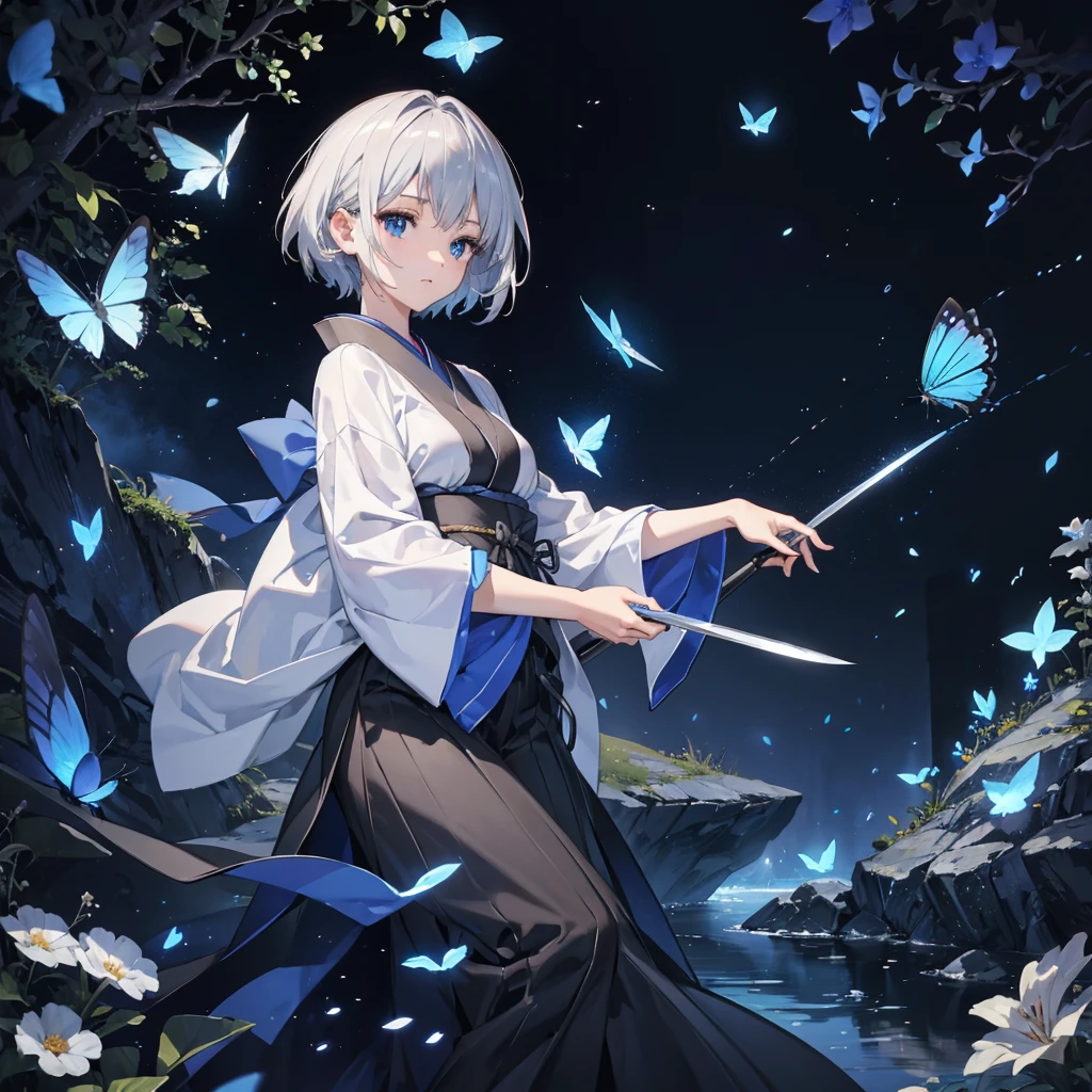 (((1 person))) ((High resolution Gray Hair short hair Black kimono Shoulder)) ((Black Band military commander Lonely despair blue eyes)) ((Blue Butterfly night Japanese style old Shining Aura garden water surface)) (dance 日本knife knife Slashing) moon star Draw your sword Slashing Catch the wind