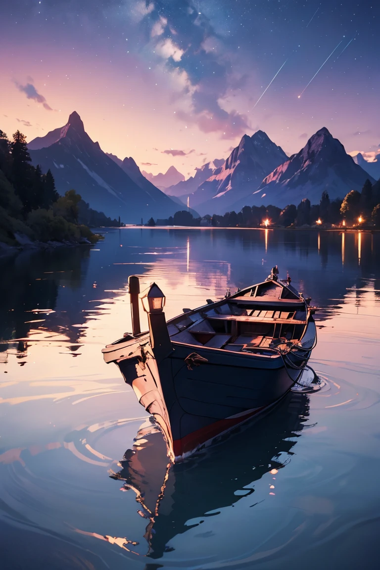 ((masterpiece, highest quality)), magic hour, twilight, lake, water reflection, navy, blue, purple, vermilion, stars, calm, quiet, boat
