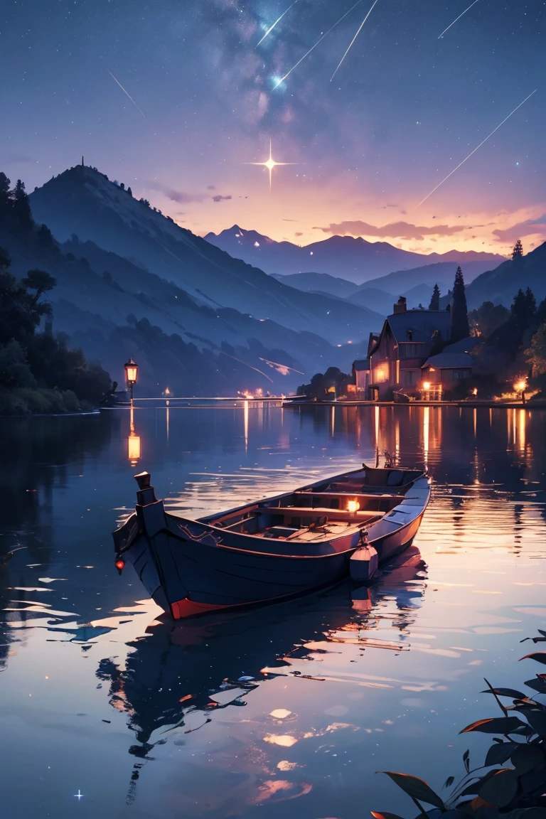 ((masterpiece, highest quality)), magic hour, twilight, lake, water reflection, navy, blue, purple, vermilion, stars, calm, quiet, boat
