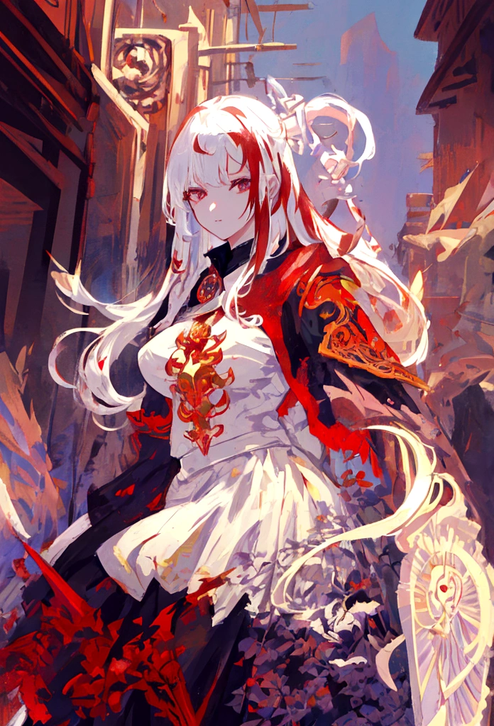 a woman with white hair and red streaks, neutral facial expression, detailed red eyes, holding a large ornate purple sword, detailed eyes, extremely detailed sword, cinematic dramatic lighting, fantasy, concept art