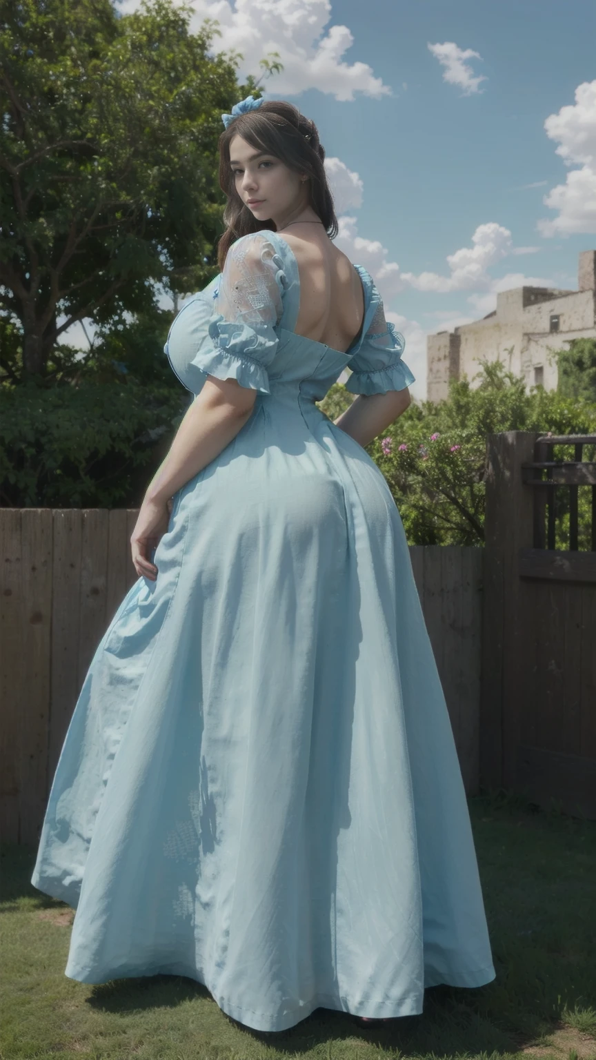 high quality,8K,high resolution,wife,1 personality,tall,realistic texture,Much Muchi,cute smile,one hand on back hip,(Plump body 8),(beautiful sky blue long frock, added net design),(Muchimuchi body 8),(newyork building or garden scenery),colorful, round sunglasses,