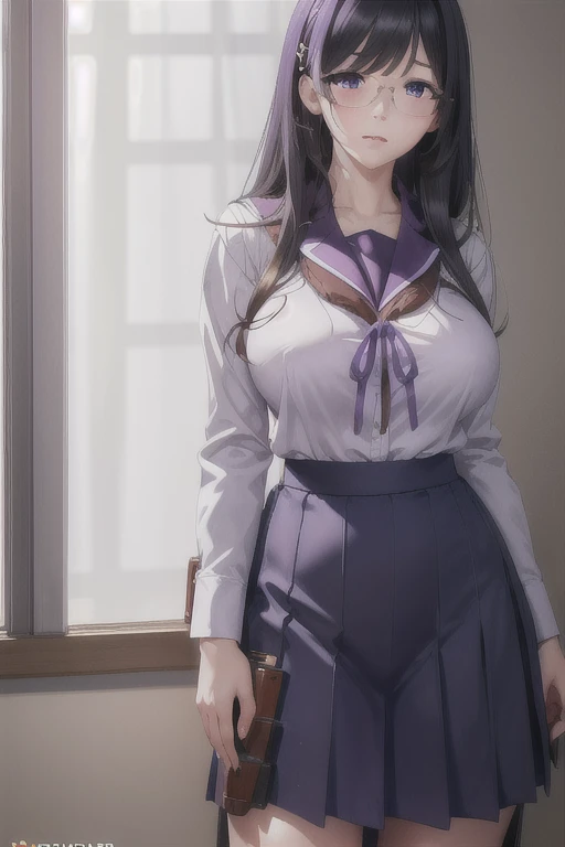 Hanekawa Wings, Hanekawa Wings, Long hair, Black Hair, Hair accessories, (Purple Eyes:1.1), Weaving, Hairpin, twin Weavings, Naoetsu High School Uniforms, Glasses,(((Full and soft breasts,)))(((Large Breasts))) (((Cleavage))),
rest skirt, Uniforms, Naoetsu High School ,
rest indoors, classroom,
rest looking at viewer, (Cowboy shooting:1.5),
rest (masterpiece:1.2), best quality, high resolution, Unity 8K wallpaper, (illustration:0.8), (Beautiful and delicate eyes:1.6), Extremely detailed face, Perfect lighting, Extremely detailed CG, (Perfect hands, Perfect anatomical structure),