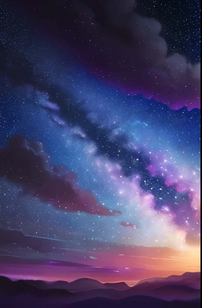 a painting of a night sky with clouds and stars, nebula clouds, nebula sky, space clouds, dramatic nebula sky, beautiful night sky, cosmic sky, interstellar stormy bright sky, dramatic night sky, night clouds, cosmic skies, epic clouds and lighting, atmospheric fantasy sky, purple nebula, in the universe.highly realistic, epic clouds and godlike lighting