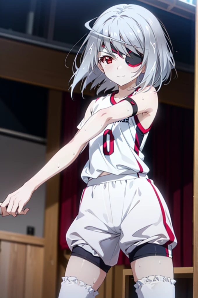 Laurabodewig, Laura Bodewig, Long Hair, (Red eyes:1.3), Grey Hair, Eye patch,smile,
break, (((Stained bloomers))), (Stained Volleyball Uniforms), Sleeveless volleyball uniform, (((Stained bloomers))), (Knee pads), (Elbow pads), (bare hands), ((Sweat)), ((covered in Sweat)), (breathe), Volleyball court, Ballet Shoes,whole bodyがイラストに入るように,
break indoors, gym,
break looking at viewer,whole body, (Cowboy Shot:1.5),
break (masterpiece:1.2), Highest quality, High resolution, unity 8k wallpaper, (figure:0.8), (Beautiful attention to detail:1.6), Highly detailed face, Perfect lighting, Highly detailed CG, (Perfect hands, Perfect Anatomy),