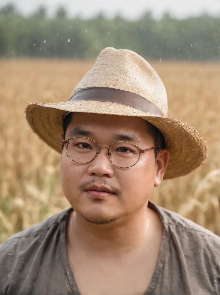 Chubby Asian man, Wear eyeglasses, wear a straw hat, shirtless, farmer, rain, sitting in the field