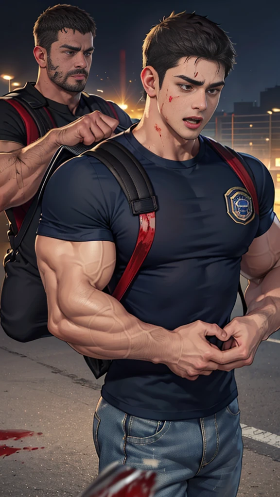 (Create a masterpiece: 1.2),(CGI art:1.3),(realistic:1.5),(After processing:1.3),(Sharp focus:1.3), (man Fight, join in battle:1.5 ), straight, front ,Chris Redfield ,(black hair), smile open mouth, (Wear color navy round neck T-shirt: 1.5), (with a Police badge: 1.2), navy cargo , (blood splatters) ,( abrasions on face: 1.5), (Blood stains on the face and body: 1.4), Korean guy , korean men, (High gloss details), chest muscles, large arm muscles, blood vessel, Big muscles, Broad shoulders, looking at the audience, Balancing the eyes, middle of the road , (black backpack: 1.3) ,(open mouth:1.6)