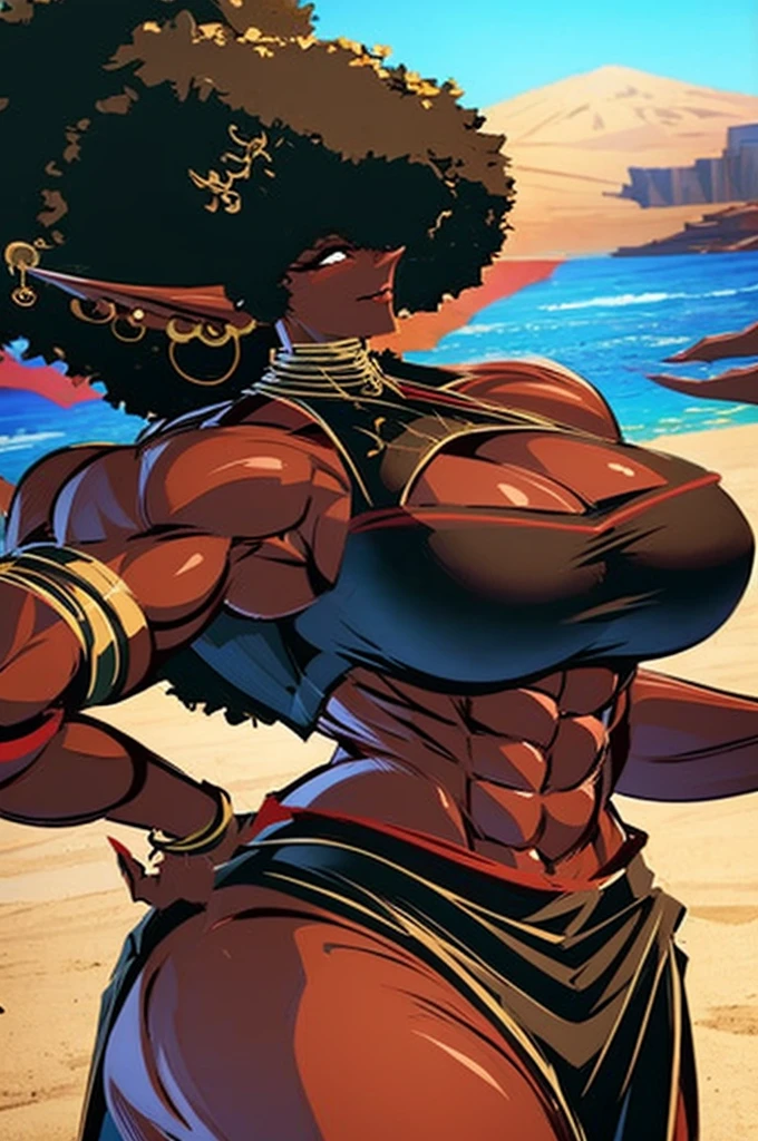 (masterpiece, best quality:1.2),1 girl, voluptuous body, full body, masterpiece, dominant pose, good anatomy, no extra limbs, big ass, thick thighs, black hair, voluminous afro, pointy ears, gold earrings, black top with red details, black skirt with red details, gold necklaces wide hips muscular female