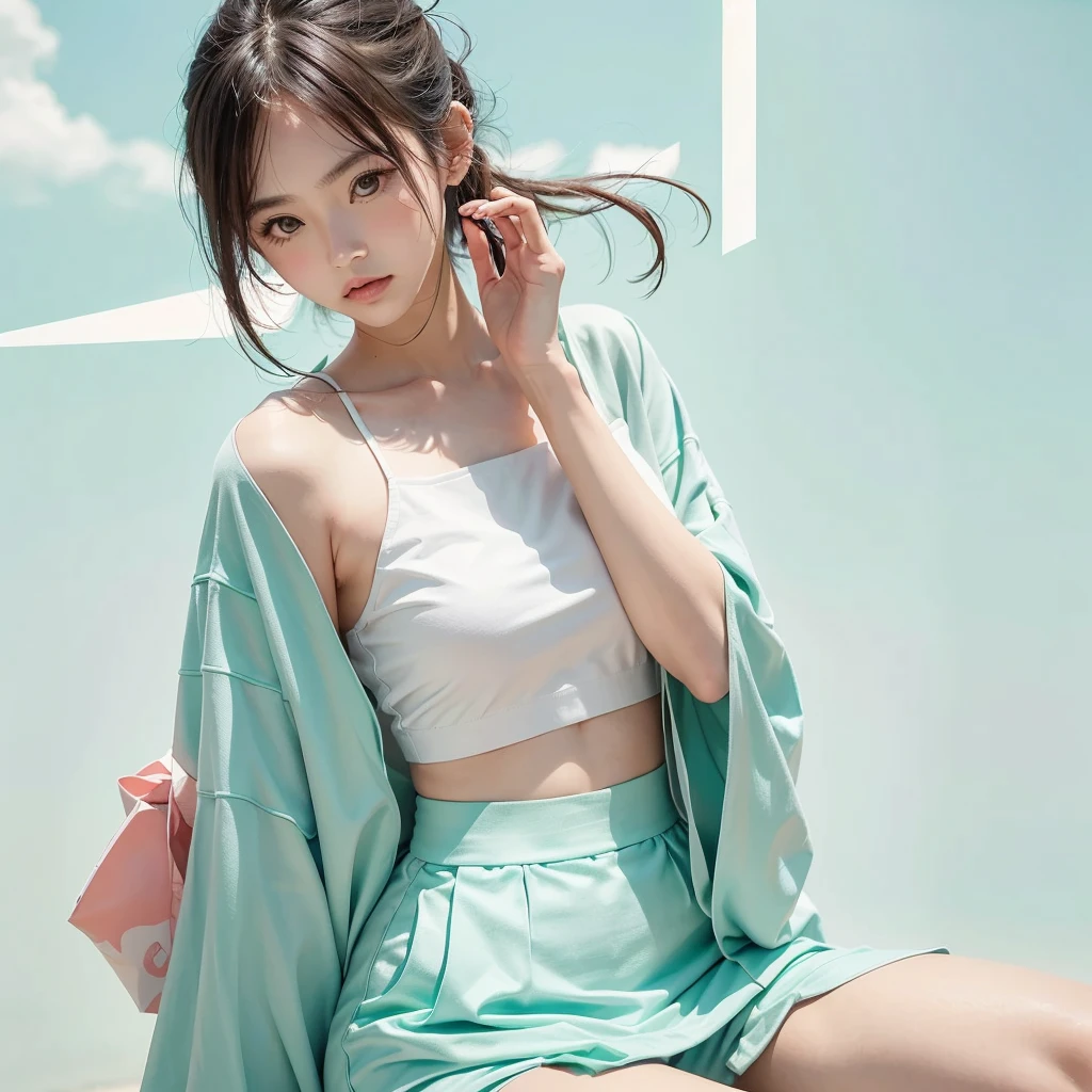 "A minimalist fashion
Instagram post for the Japanese market, featuring a model wearing the latest summer fashion collection.
The background is a light pastel color like soft pink or mint green. Ample whitespace around the central image of the model, creating a clean and simple look. The model is posing in a stylish and trendy outfit suitable for summer.",
Make your face look more Japanese、Real、