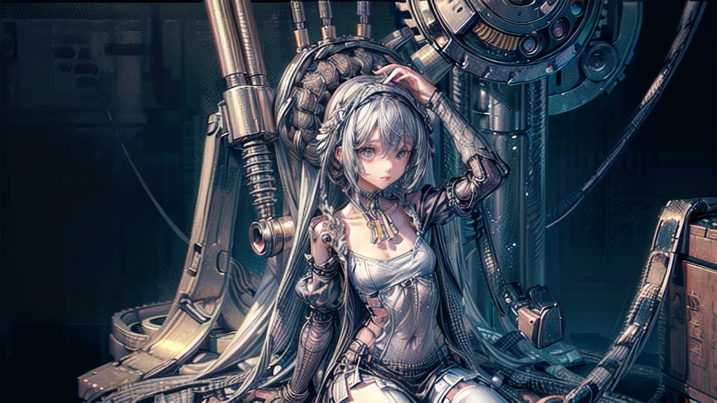 (((masterpiece))), (((Highest quality))), ((Very detailed)), (Highly detailed CG illustrations), ((Very delicate and beautiful)),(Cute and delicate face),Light,((1. Machine Girl)),alone,whole body,(Machine made joints:1.4),((Mechanical Limbs)),(Muscle swelling),(The container is connected to a tube),(Brain in a container:1.3),((Mechanical vertebrae attached to the back)),((Mechanical cervical spine attached to the neck)),((Sitting)),poker face,(Wires and cables attached to head and body:1.5),Small breasts,short hair,(Character Focus),SF,Lying down,Dark shortcuts,Centering shortcuts,A devastated society,alone,