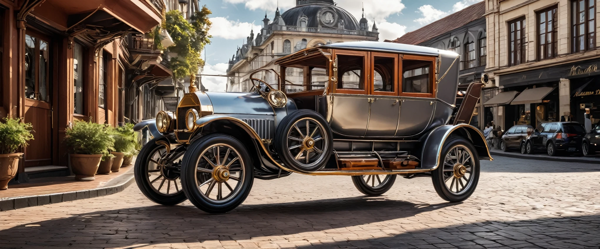 Um carro de corrida steampunk vintage, with details in metallic gray and polished wood, ostenta um spoiler imponente e rodas adornadas com engrenagens. The vehicle is parked in a prominent position, ocupando o centro da cena.