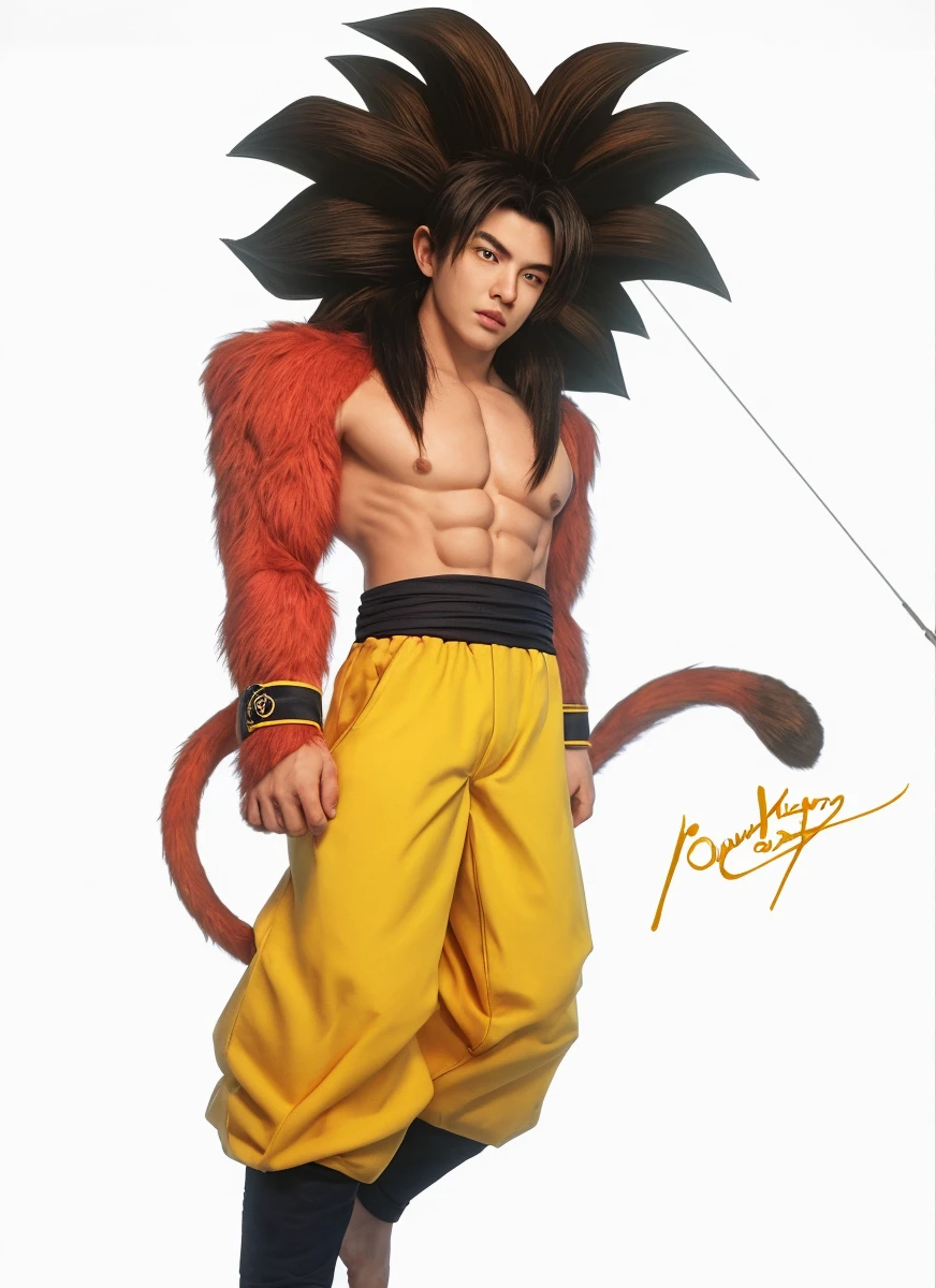 personagem masculino, cabelos pretos, corpo coberto por pelos avermelhados, faixa azul na cintura, pulseiras de na pano azul, rabo coberto por pelos avermelhados, yellow pants, sapatilha preta e azul