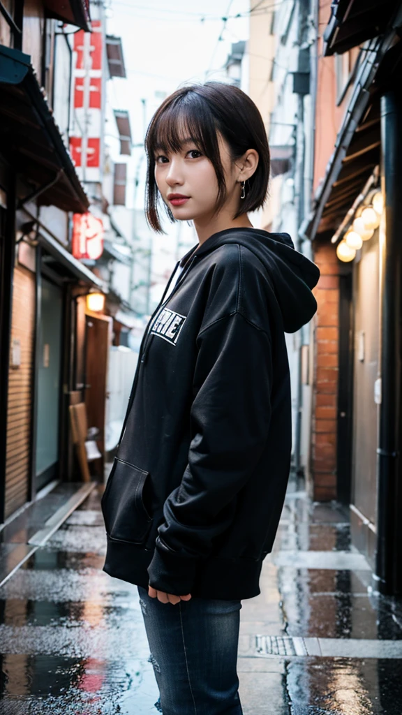 (Highest quality,masterpiece:1.3,Ultra-high resolution),(Super detailed,Caustics,8k), (Photorealistic:1.4, RAW shooting),Japanese,20-year-old,Natural brown short hair,Earrings,Natural Makeup,Red lipstick,Black hoodie,jeans,Rainy Sky,Dim Alley,Low position,Low - Angle,Waist up shot