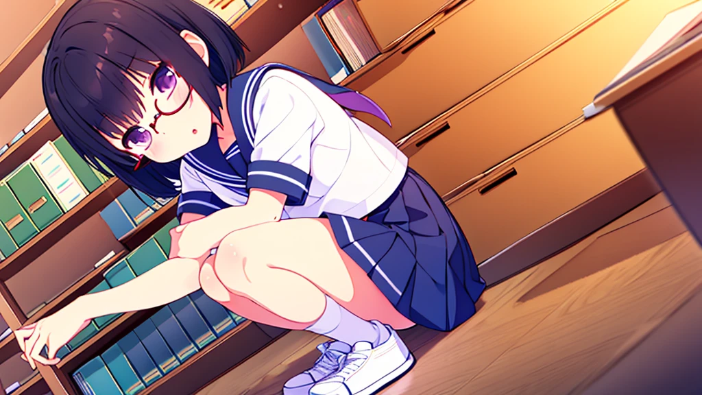 -year-old　Flat Chest　Blacir　LoHair　Purple eyes　1 person　Glasses　Short-sleeved sailor suit　Navy blue mini skirt　White panties　White socks　sneakers　School Library　Crouching　Dynamic Angle　Low Angle