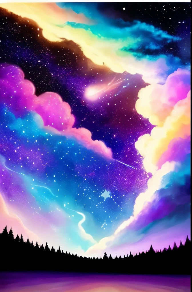 a painting of a night sky with clouds and stars, nebula clouds, nebula sky, space clouds, dramatic nebula sky, beautiful night sky, cosmic sky, interstellar stormy bright sky, dramatic night sky, night clouds, cosmic skies, epic clouds and lighting, atmospheric fantasy sky, purple nebula, in the universe.highly realistic, epic clouds and godlike lighting