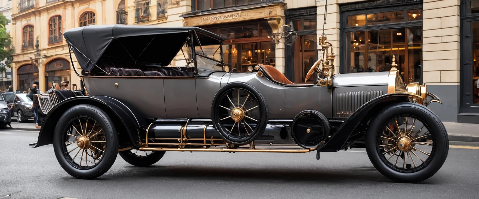 Um carro de corrida steampunk vintage, with details in metallic gray and polished wood, ostenta um spoiler imponente e rodas adornadas com engrenagens. The vehicle is parked in a prominent position, ocupando o centro da cena.