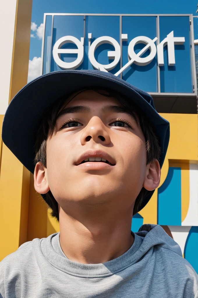 A boy look up outside the big instagram logo