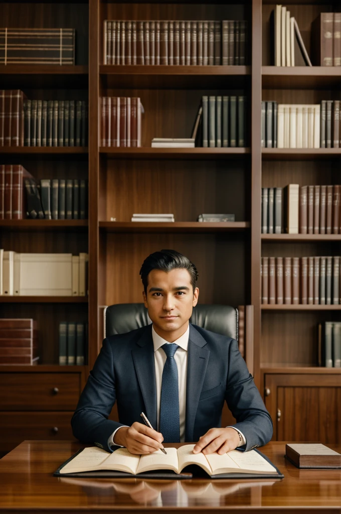 Create a professional photograph of me as a lawyer in my chamber. I am seated at a polished wooden desk, surrounded by shelves filled with legal books and documents. I am wearing a well-tailored suit, with a confident and focused expression, as if I'm reviewing important legal documents. The lighting is bright but warm, highlighting the professionalism and seriousness of the environment.