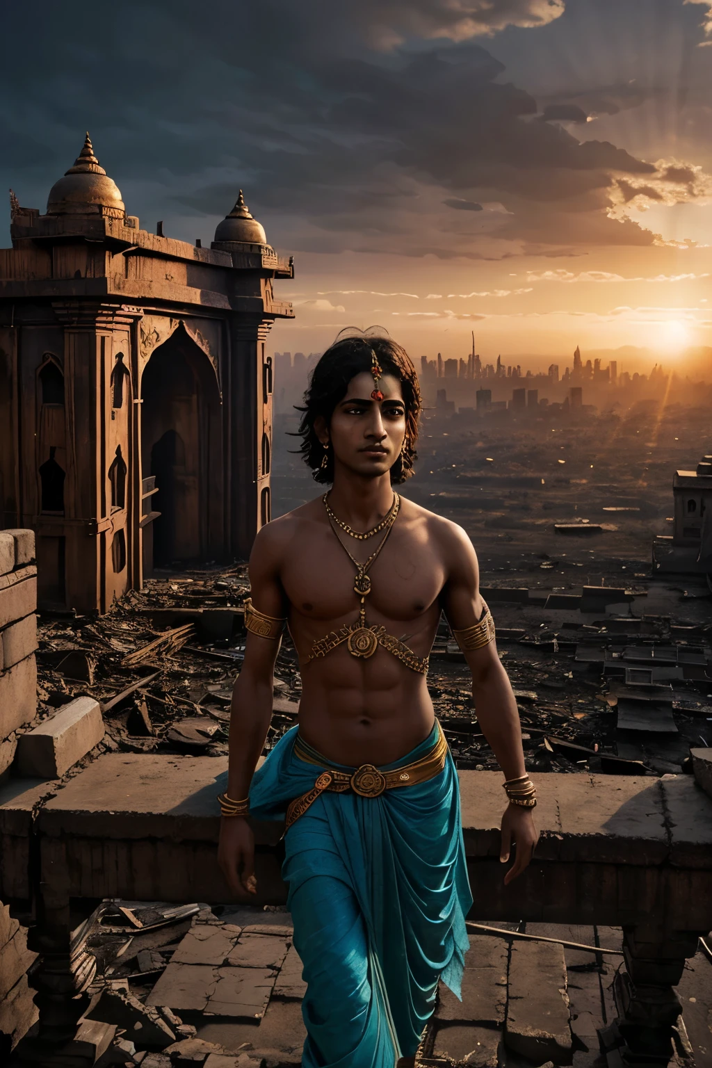 Depict a dystopian landscape representing Kalyug, the age of darkness and moral decline as described in the Bhagavad Gita. The scene should be filled with chaos and destruction, with crumbling buildings, polluted skies, and people in despair. In the midst of this turmoil, illustrate a serene, glowing figure of Krishna, who radiates divine light and peace, providing solace and guidance. Surrounding Krishna, include a few devotees who are receiving his blessings, symbolizing hope and the eternal presence of divinity even in the darkest times. The contrast between the chaotic environment and Krishna's divine aura should be striking, highlighting the spiritual message of the Bhagavad Gita."