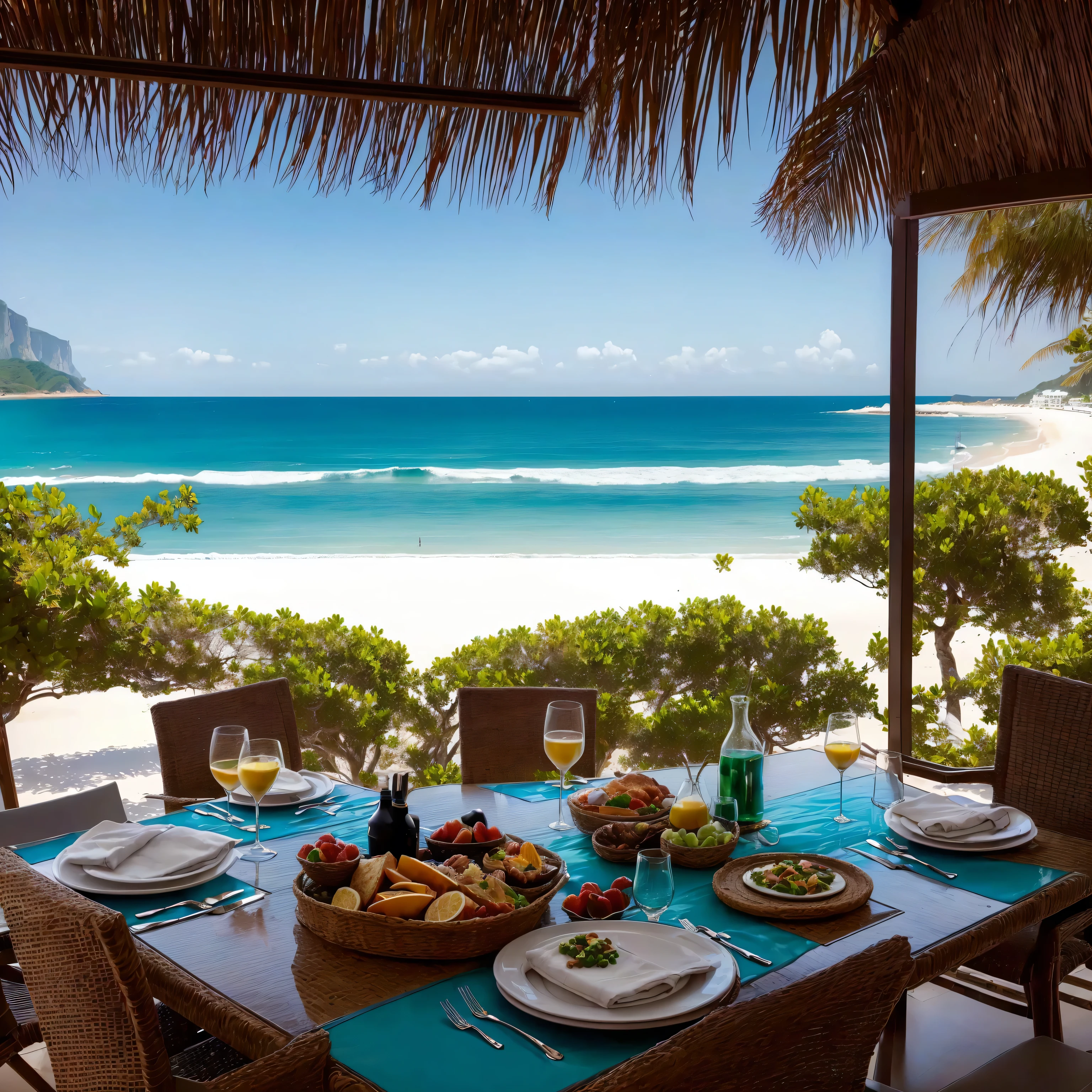 there is a table with plates of food and glasses of wine, cape, in a by the sea environment, by the sea, beach scenery, por Dietmar Damerau, vista do oceano, com vista para a praia, vibrant scenery, by Felipe Seade, by Étienne Delessert, Breakfast, inspirador, al fresco, um plano amplo e completo, por Leo Goetz