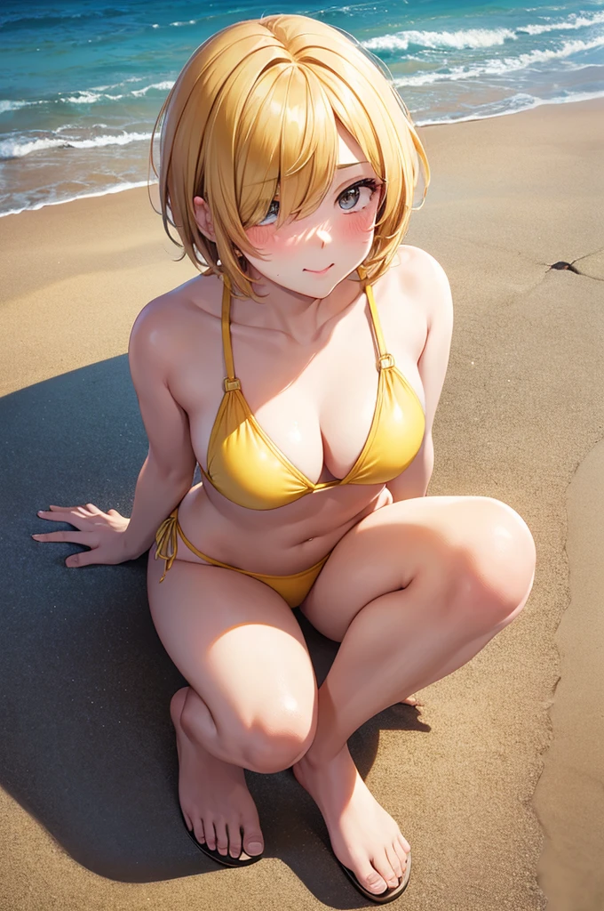 from above,full body shot,Pouty Mouth,Setting diagram,hair over one eye,short wave hair,(Highest quality, masterpiece), One girl ,View your viewers, smile, Yellow Bikini, blush