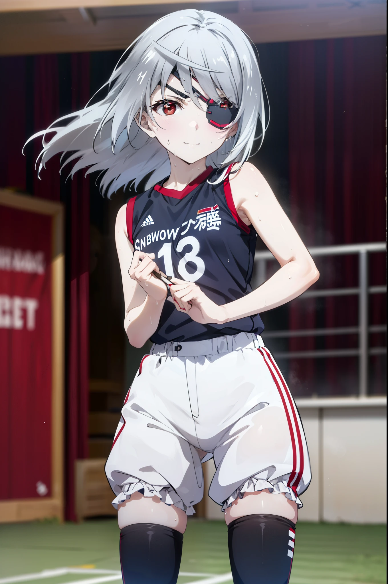 Laurabodewig, Laura Bodewig, Long Hair, (Red eyes:1.3), Grey Hair, Eye patch,smile,
break, (((Stained bloomers))), (Stained Volleyball Uniforms), Sleeveless volleyball uniform, (((Stained bloomers))), (Knee pads), (Elbow pads), (bare hands), ((Sweat)), ((covered in Sweat)), (breathe), Volleyball court, Ballet Shoes,whole bodyがイラストに入るように,
break indoors, gym,
break looking at viewer,whole body, (Cowboy Shot:1.5),
break (masterpiece:1.2), Highest quality, High resolution, unity 8k wallpaper, (figure:0.8), (Beautiful attention to detail:1.6), Highly detailed face, Perfect lighting, Highly detailed CG, (Perfect hands, Perfect Anatomy),