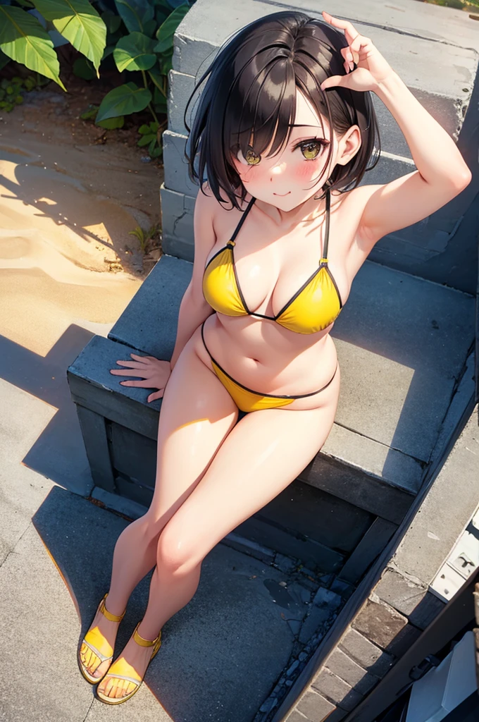 from above,full body shot,Pouty Mouth,Setting diagram,hair over one eye,short wave hair,(Highest quality, masterpiece), One girl ,View your viewers, smile, Yellow Bikini, blush