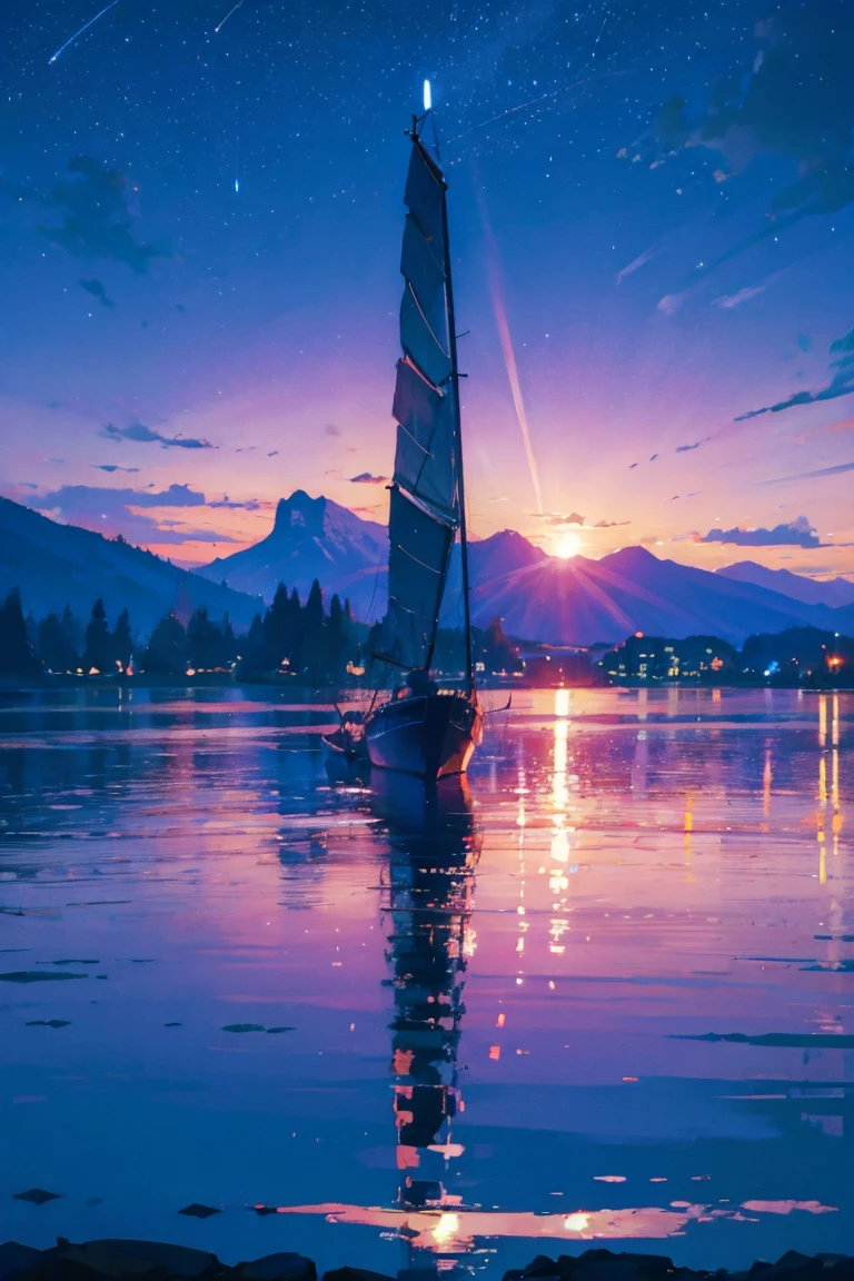 ((masterpiece, highest quality)), magic hour, twilight, lake, water reflection, navy, blue, purple, vermilion, stars, calm, quiet