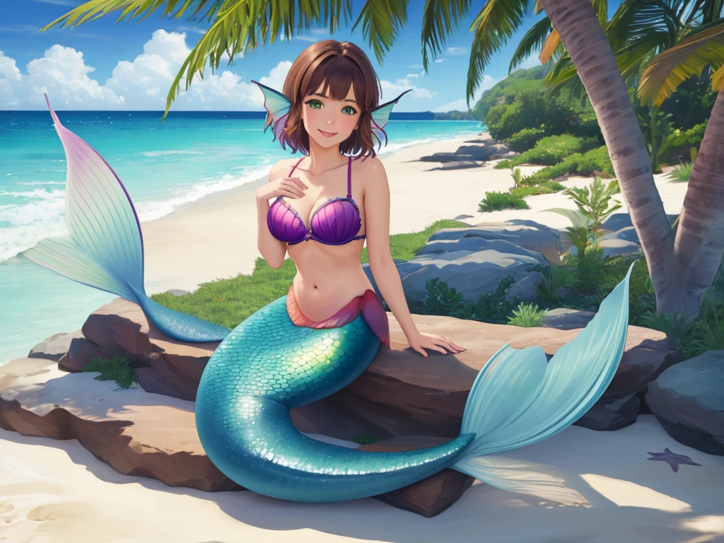 masterpiece, best quality:1.2), 1girl, smile, looking at viewer, green eyes, short brown hair, mermaid, mermaid girl, wearing purple seashell bra, laying on belly on beach, colorful mermaid tail, outdoors, head fins, fin ears
