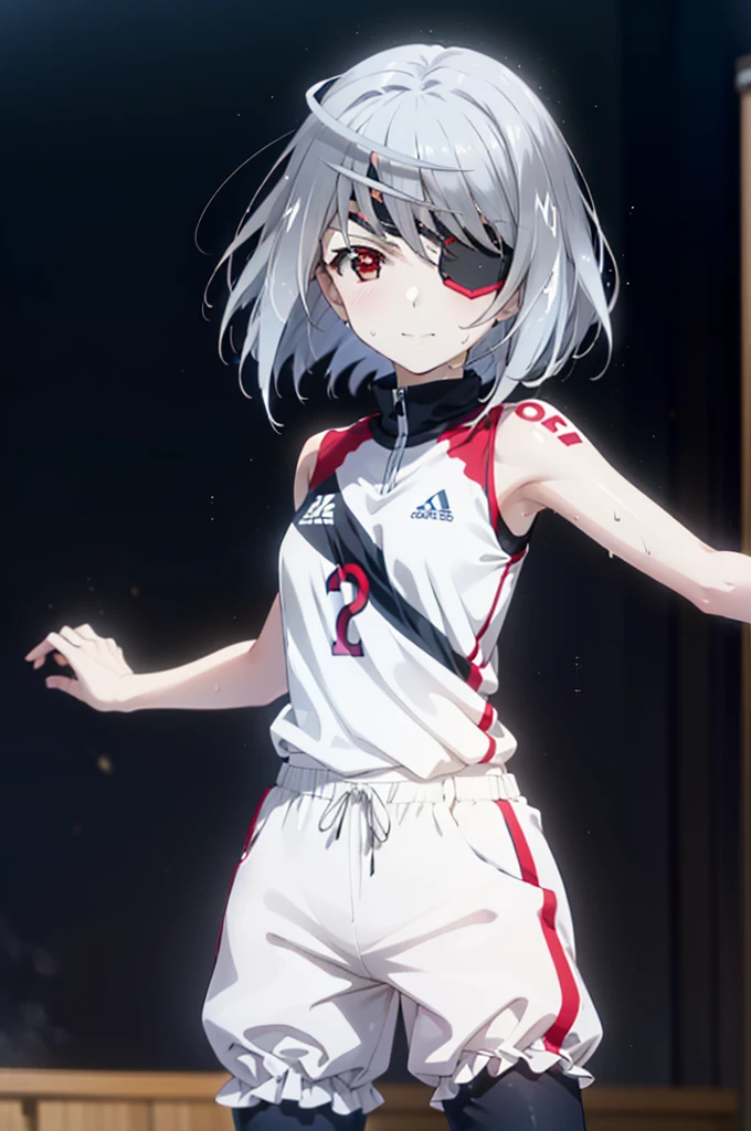 Laurabodewig, Laura Bodewig, Long Hair, (Red eyes:1.3), Grey Hair, Eye patch,smile,
break, (((Stained bloomers))), (Stained Volleyball Uniforms), Sleeveless volleyball uniform, (((Stained bloomers))), (Knee pads), (Elbow pads), (bare hands), ((Sweat)), ((covered in Sweat)), (breathe), Volleyball court, Ballet Shoes,whole bodyがイラストに入るように,
break indoors, gym,
break looking at viewer,whole body, (Cowboy Shot:1.5),
break (masterpiece:1.2), Highest quality, High resolution, unity 8k wallpaper, (figure:0.8), (Beautiful attention to detail:1.6), Highly detailed face, Perfect lighting, Highly detailed CG, (Perfect hands, Perfect Anatomy),