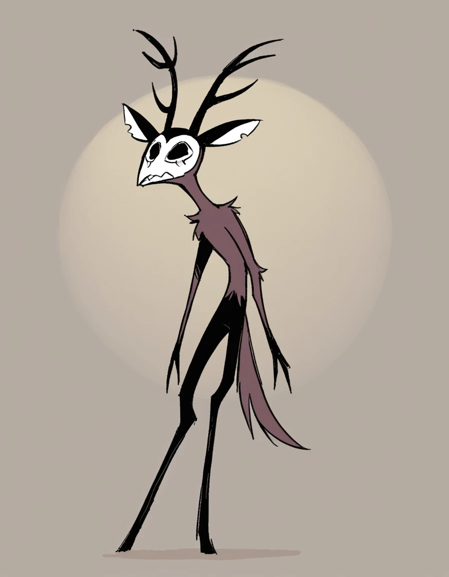 ,stkyswt, zPDXL, score_9, score_8_up, score_7_up, source_anime, BREAK sketch, flat color, 1guy, solo, black eyes, vivziepop, feral, wendigo, male wendigo, helluva boss, full body, lineart, bipedal, skull face, naked