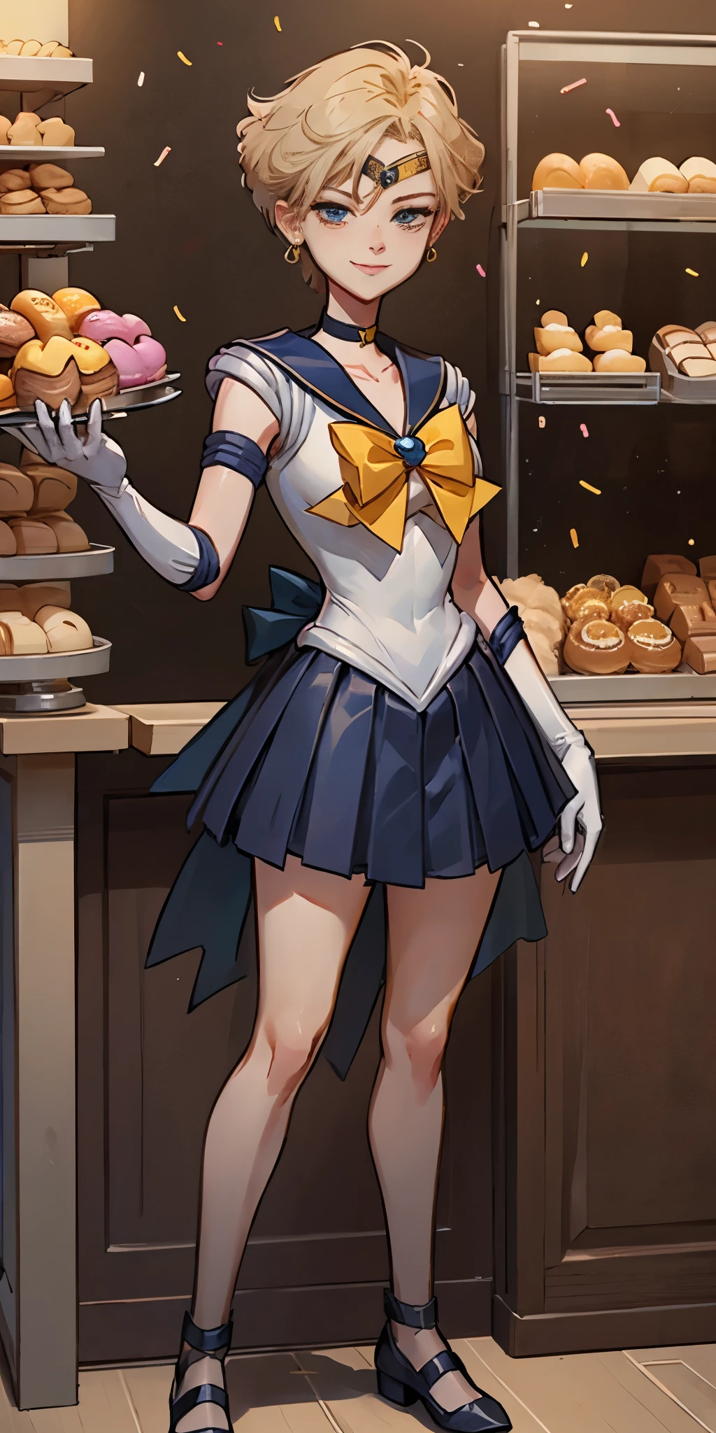 EPsmSailorUranus, short blonde hair, blue eyes, choker, earrings, blue sailor senshi uniform, yellow bow, blue skirt, white elbow gloves, looking at viewer, serious, smiling, standing, inside bakery, counter, holding box of donuts, sprinkles, high quality, masterpiece