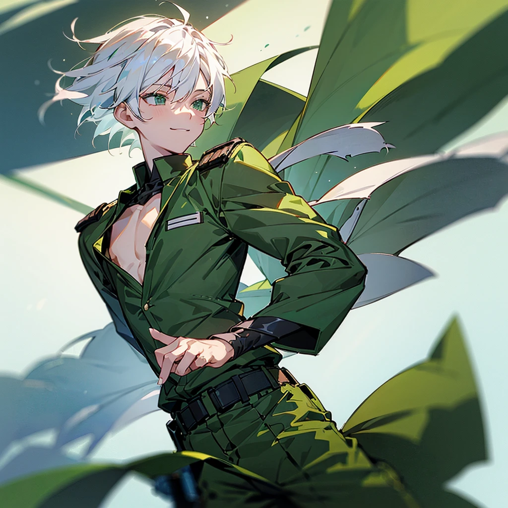 1 young boy aged 14,white hair,Take off your shirt.,Wear military pants,Green figure,smile,fighting
