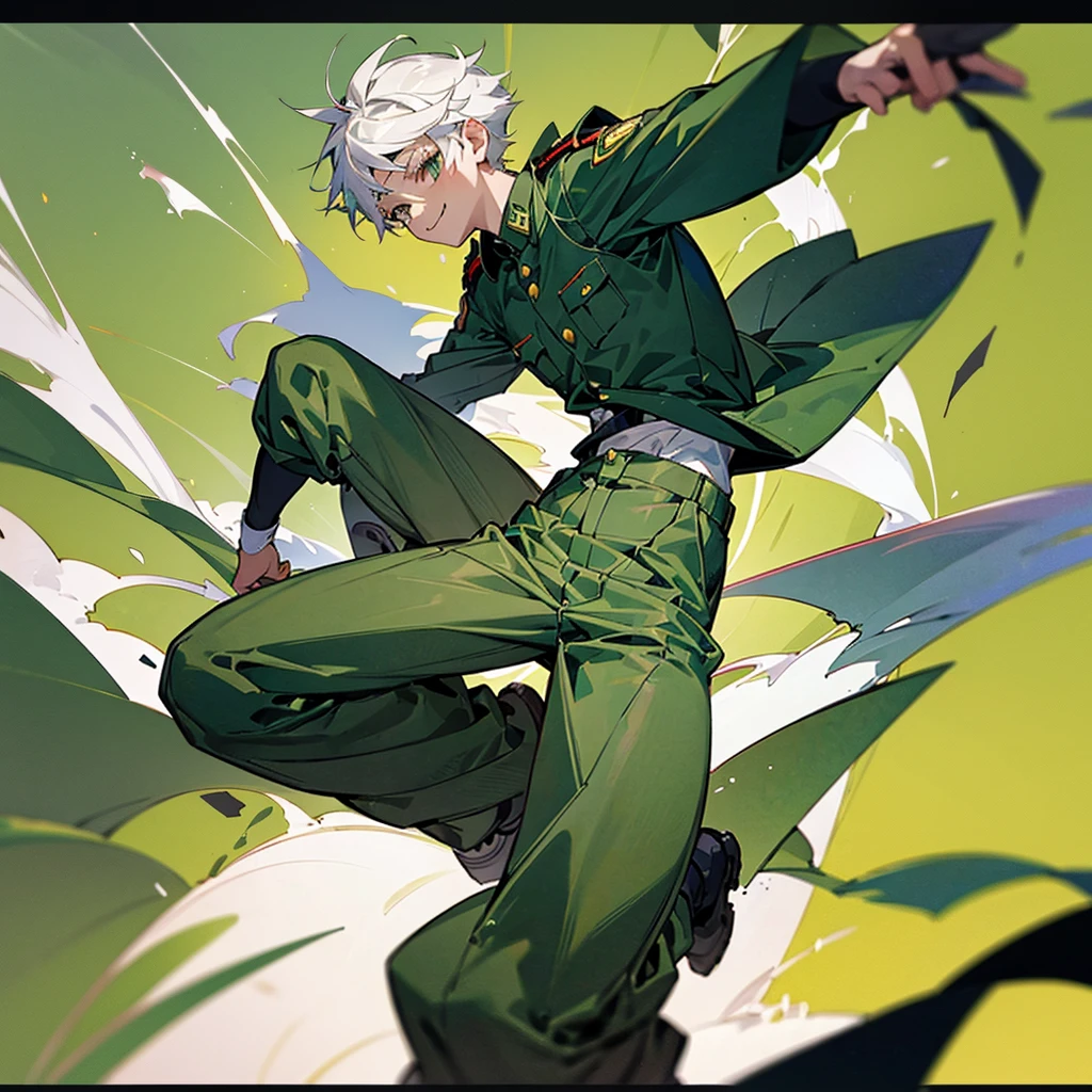 1 young boy aged 14,white hair,Take off your shirt.,Wear military pants,Green figure,smile,fighting