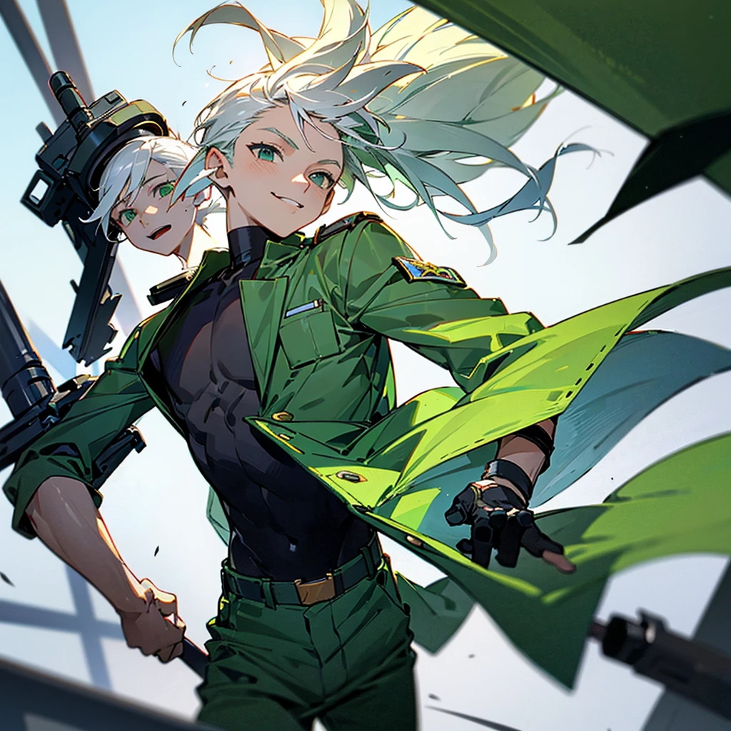 1 young boy ,white hair,Take off your shirt.,Wear military pants,Green figure,smile,fighting