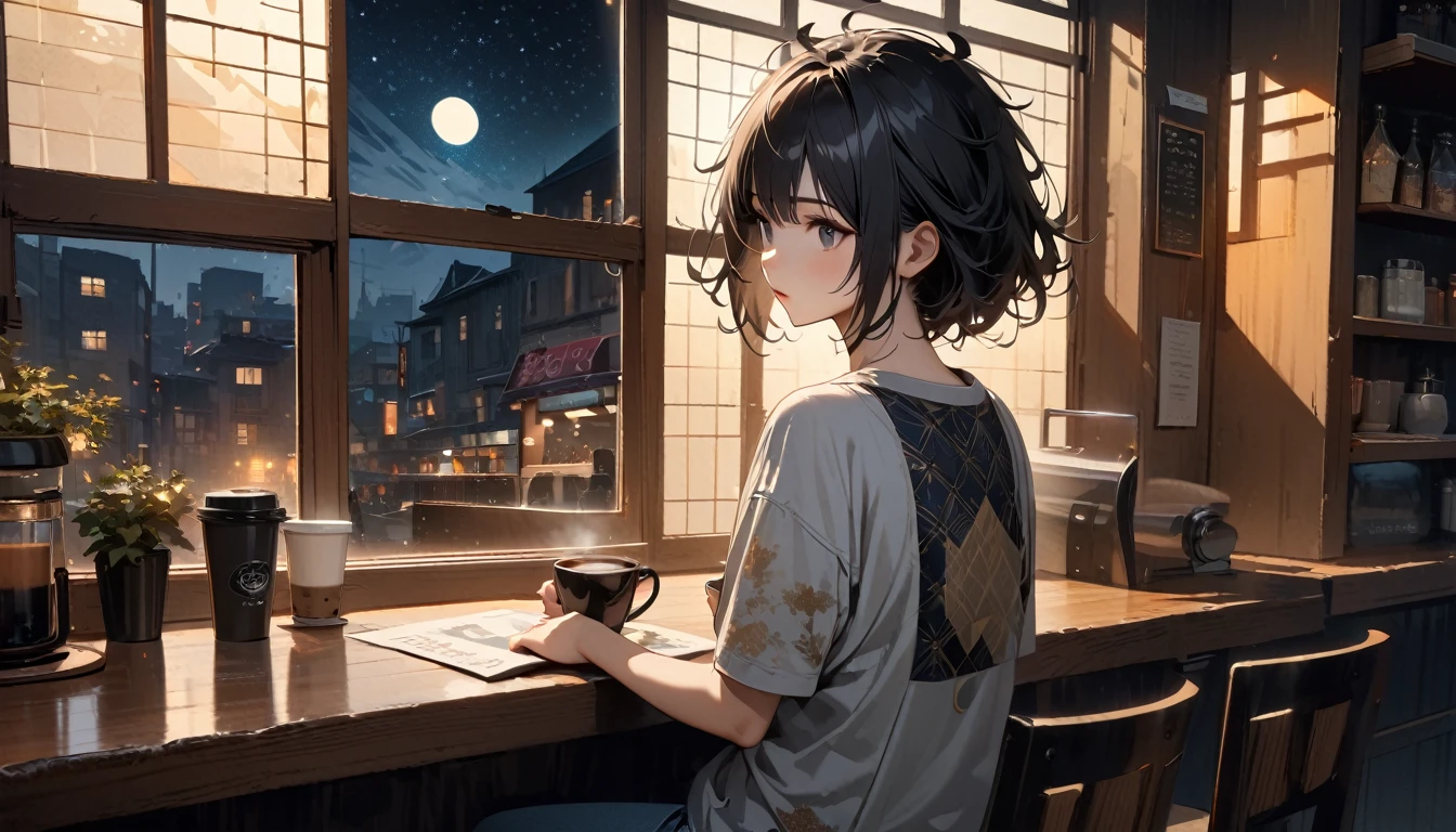 (((from behind))), ((8k of extremely detailed CG unit, Masterpiece, high resolution, highest quality, highest quality real texture skin)), (((indirect lighting))),  (((Cafe with a calm atmosphere))), (((Big window with night sky))), ((Drinking coffee)),  ((1 girl)), (Japanese pattern Tシャツ, denim), (Black hair, messy hair, beige skin), (Surreal, digital painting)