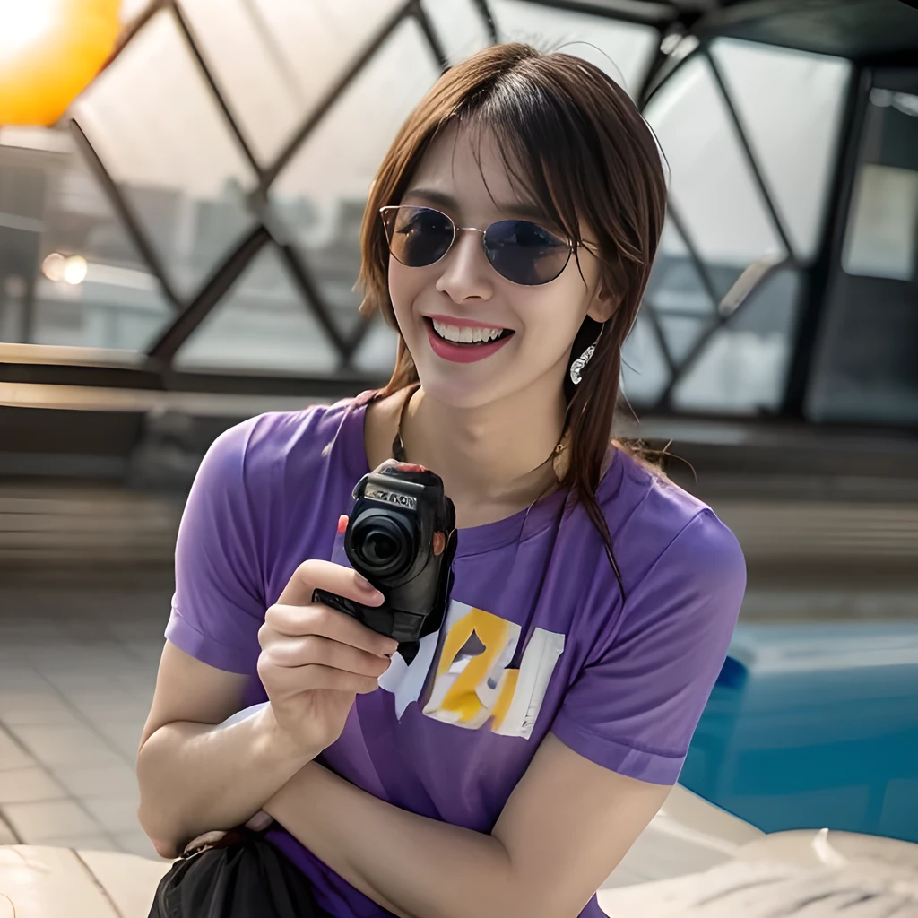 8K, ultra detailed, (realistic:1.2), (1man:1.3), 40yo, (muscular, fat:1.3), (sun glass:1.5), BREAK long hair, gold hair, BREAK (purple t-shirts, laugh, holding video camera:1.3), (looking at viewer:1.3), reinopool