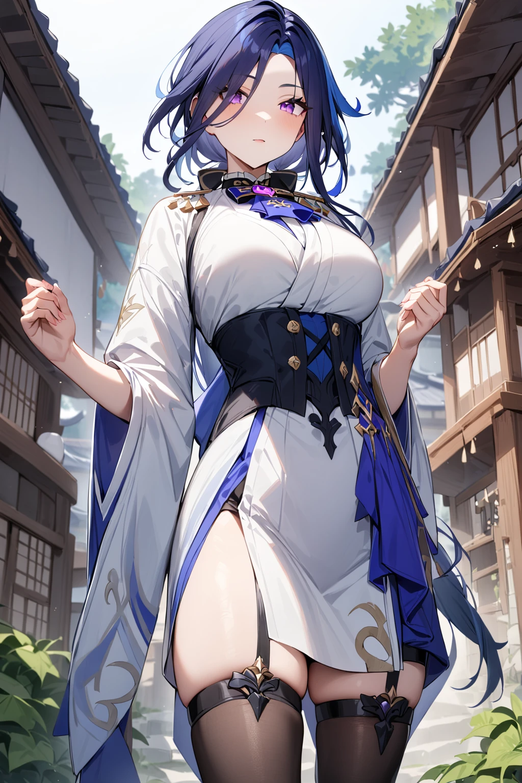 masterpiece,best quality,very aesthetic,absurdres, ,clorinde \(genshin impact\),1girl,solo,purple eyes,low ponytail,blue hair,black thighhighs,looking at viewer,(white kimono),japanese clothes, outdoors,standing,