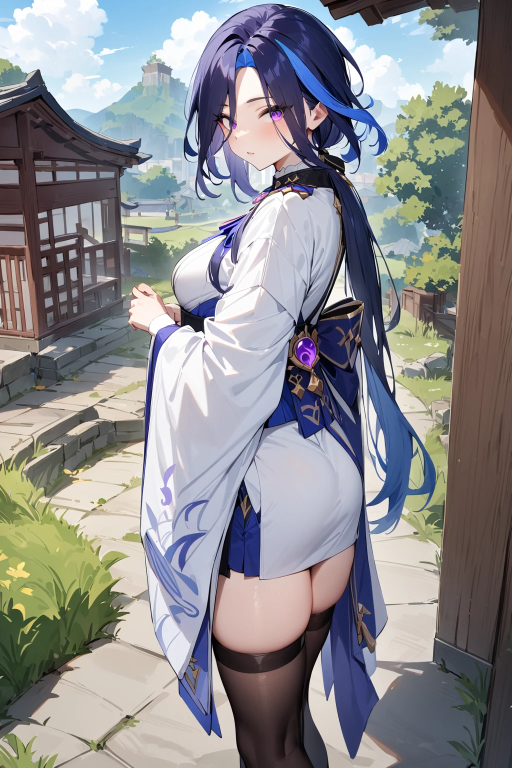 masterpiece,best quality,very aesthetic,absurdres, ,clorinde \(genshin impact\),1girl,solo,purple eyes,low ponytail,blue hair,black thighhighs,looking at viewer,(white kimono),japanese clothes, outdoors,standing,