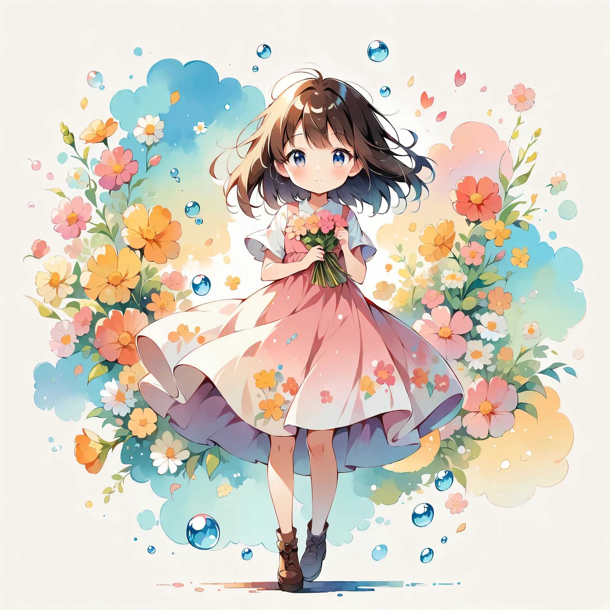 (Anime Style:1.2, masterpiece:1.2),(((1 girl))),((Little, Full body view))), Girl wearing flowers, Watercolor, Simple illustration, Flower storm, Colorful Water Bubbles,