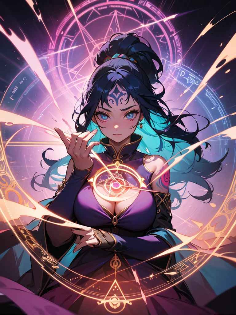 1 adult woman, vivid color, magic circle in the background, vividly depicted painting, (geometry tattoo), (cinematic), elaborate, magical power, detailed magic circle, cleavage,