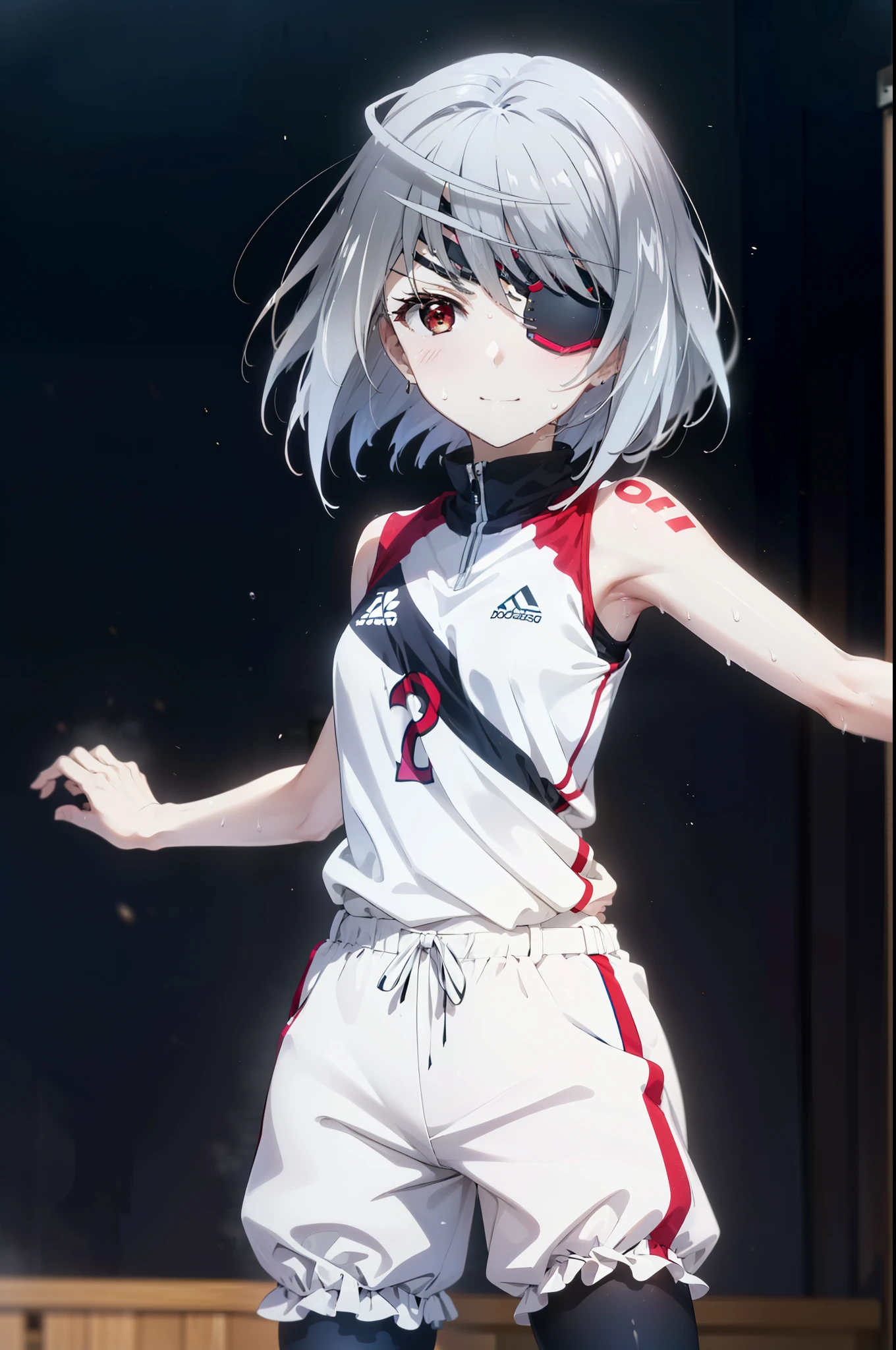 Laurabodewig, Laura Bodewig, Long Hair, (Red eyes:1.3), Grey Hair, Eye patch,smile,
break, (((Stained bloomers))), (Stained Volleyball Uniforms), Sleeveless volleyball uniform, (((Stained bloomers))), (Knee pads), (Elbow pads), (bare hands), ((Sweat)), ((covered in Sweat)), (breathe), Volleyball court, Ballet Shoes,whole bodyがイラストに入るように,
break indoors, gym,
break looking at viewer,whole body, (Cowboy Shot:1.5),
break (masterpiece:1.2), Highest quality, High resolution, unity 8k wallpaper, (figure:0.8), (Beautiful attention to detail:1.6), Highly detailed face, Perfect lighting, Highly detailed CG, (Perfect hands, Perfect Anatomy),