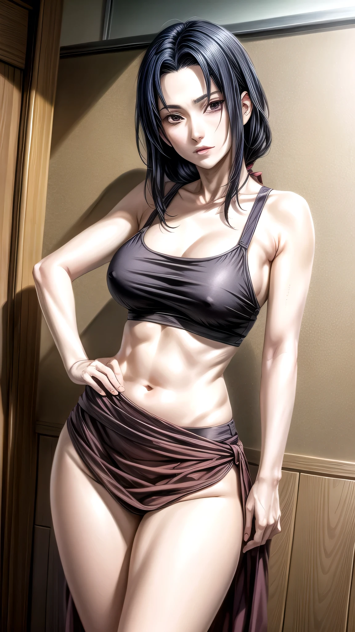 Mikoto Uchiha, 90 anos, no quarto, sem calcinha, corar, cabelo preto, cabelo longo, seios grandes de fora, bunda sexy, coxas grossas, olhos pretos, without bra.