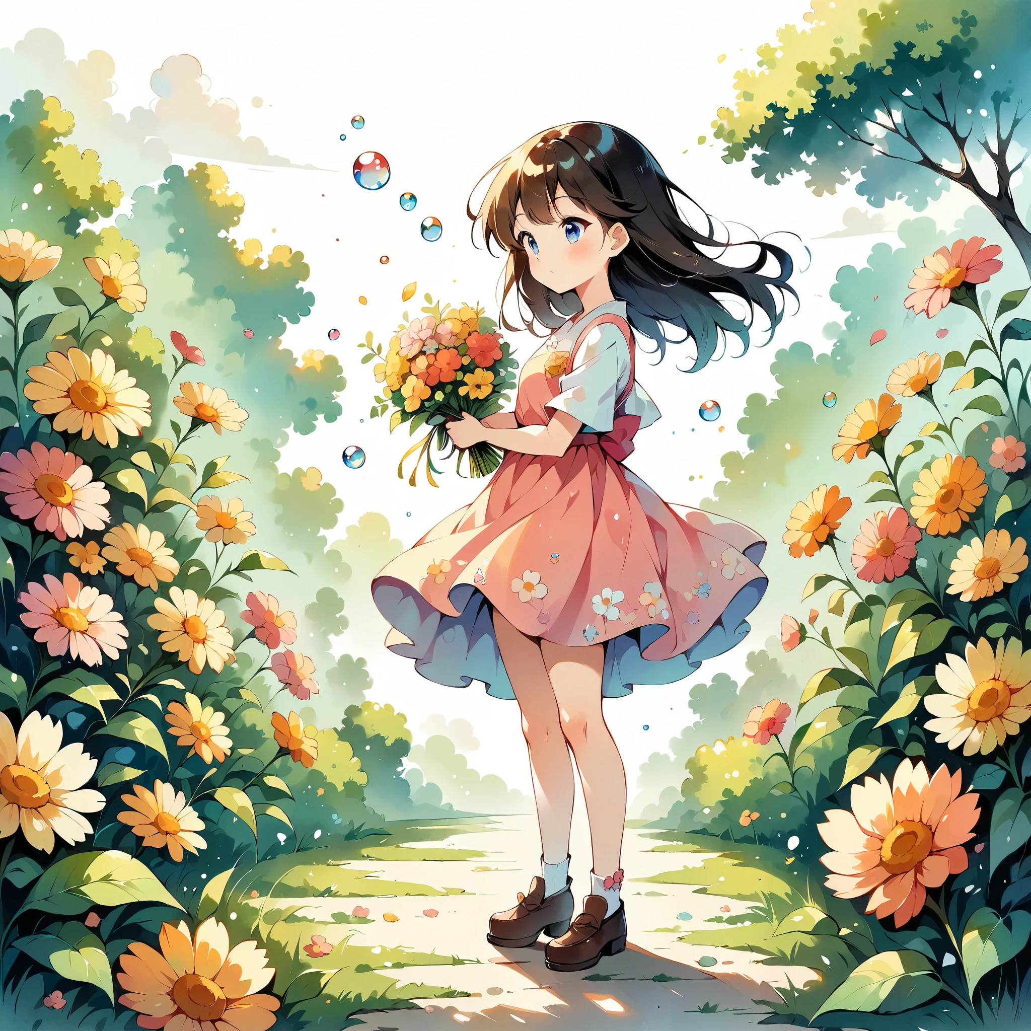 (Anime Style:1.2, masterpiece:1.2),(((1 girl))),((Little, Full body view))), Girl wearing flowers, Watercolor, Simple illustration, Flower storm, Colorful Water Bubbles,