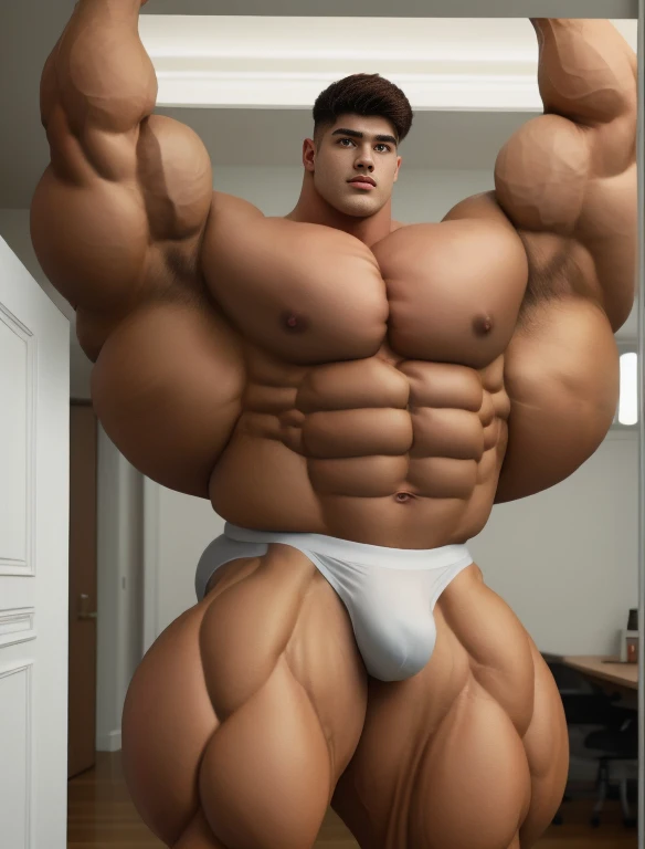1boy, giant, model shoot style, illuminating light, strong body, bulk, large size, staring & stretching, armpit, in the white interior room, nude, white triangular underwear, prominent bulge, big, brutalmass, giant, muscular body, bulk, buff, massive body, large meaty body size