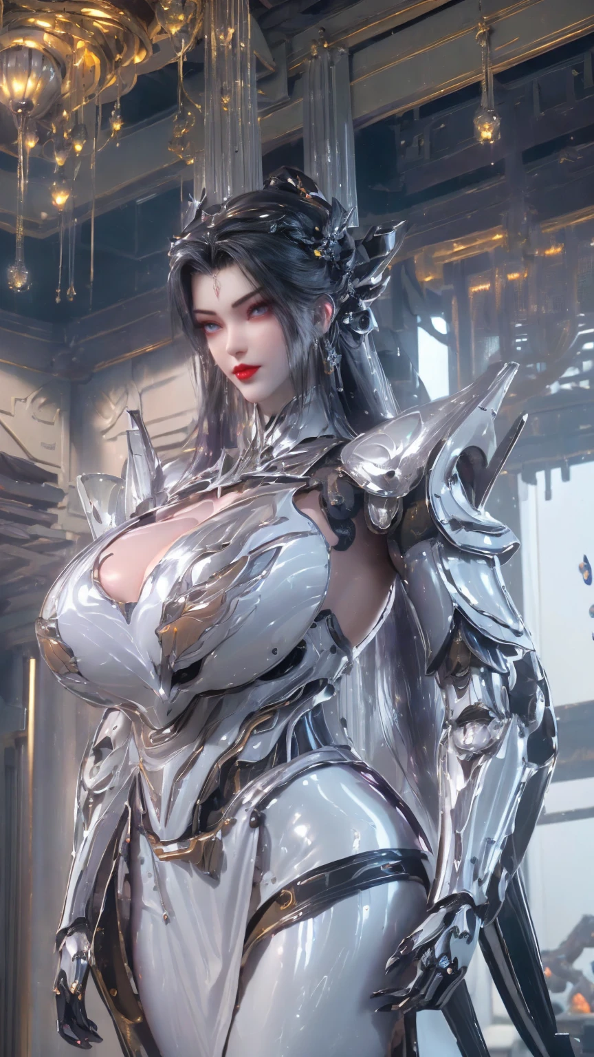 UPPER BODY,CLOSE UP HALF BODY,SOLO,(BEAUTY BLACK COLOR HAIR,GOLDEN DRAGON HORN:1), (HUGE OPPAI,BUSTY MILF,CLEAVAGE,MUSCLE ABS,NSFW:1.5), ((WEARING OUTFIT PURPLE,WHITE SHINY MODERN MECHA FUTURISTIC SKIMPY BIKINI ARMOR,ROBOT MECHA ARMOR:1.5)),(CURVY VOLUPTUOUS BODY MATURE WOMAN:1.5), (SWEATY GLOSSY BODYSKIN:1.5), (LOOKING AT VIEWER:1.6),(HALLROOM OF FUTURISTIC SPACE STATION:1), (PHOTOREALSITIC:1.4), (ULTRA-DETAILLIERT), (TOP-QUALITY), (BEST SHADOWS), (MASTERPIECE), BRIGHT LIGHT IN ROOM, HYPER TEXTURE, (4X MSAA), ((UNREAL ENGINE 5 RENDER)), PHYSICALLY-BASED RENDERING, ULTRA HIGHT DEFINITION, 16K, 1080P.